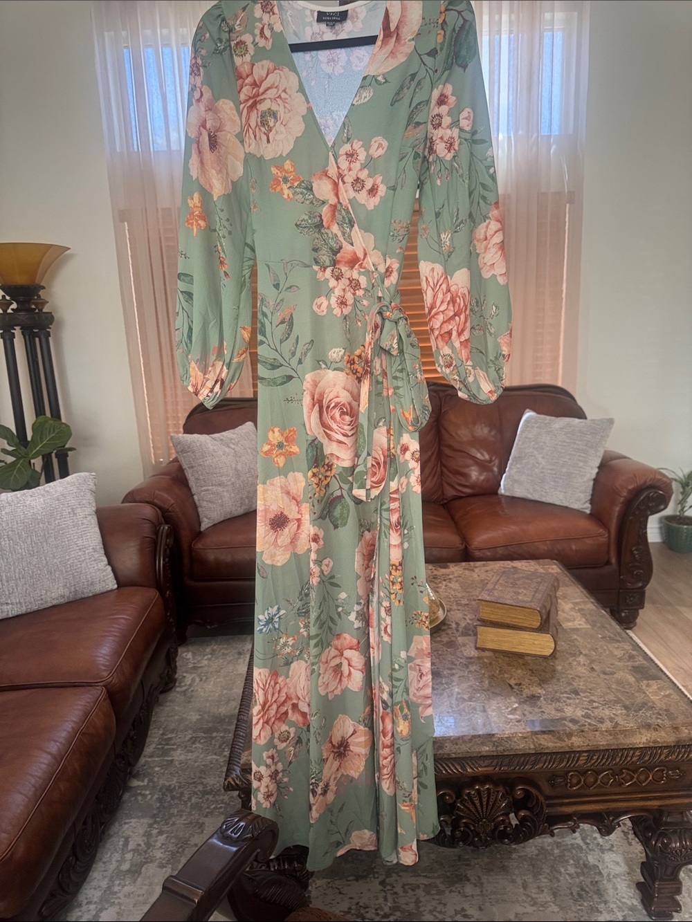 Vici Sage Green Floral Wrap Maxi Dress with Blush Blooms